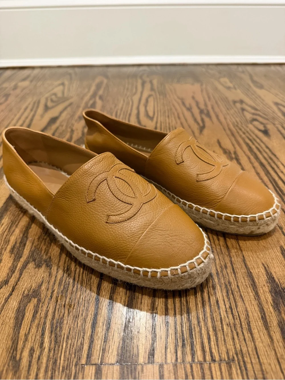 CHANEL Cognac Leather Espadrilles with Embossed CC- worn ONCE!